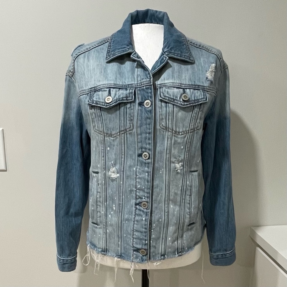 Denim Blue Jean Distressed Jacket Hollister Ripped Destroyed Distressed Cotton